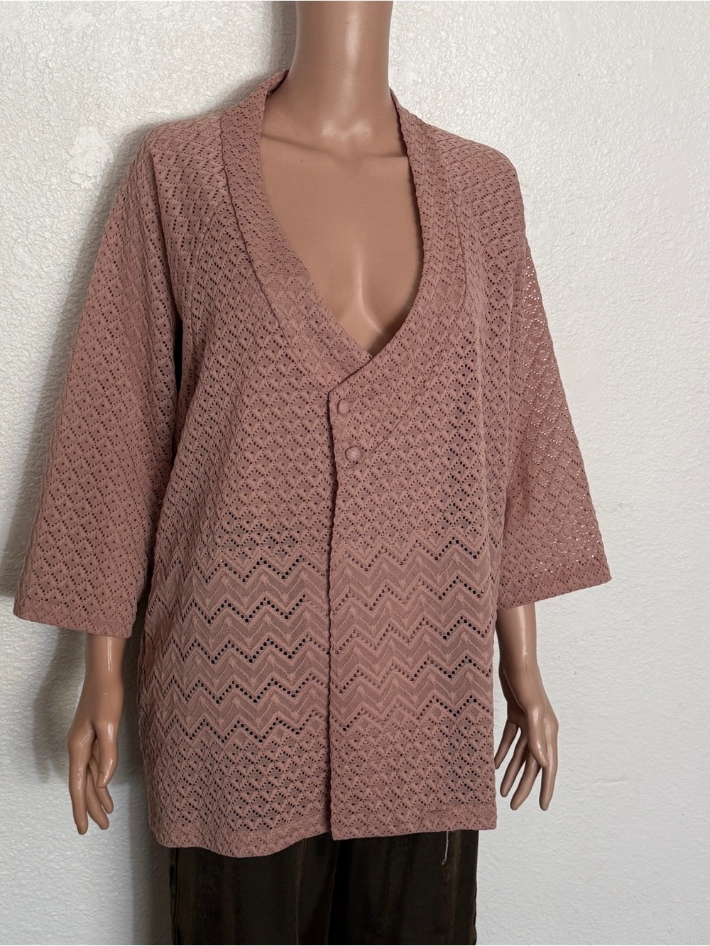Kanebo Nylon Bellmore Vintage Pink Open Knit Kimono Wrap Cardigan Top Sz L